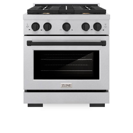 ZLINE Autograph Edition 30 in. 4.2 cu. ft. Paramount Dual Fuel Range with 4 Burner Gas Cooktop and Electric Convection Oven in Satin Stainless Steel with Matte Black Accents (SDRSZ-30-MB)