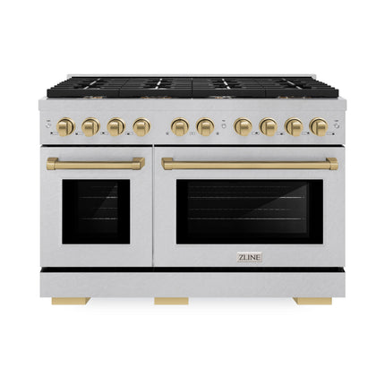 ZLINE Autograph Edition 48 in. 6.7 cu. ft. Paramount Double Oven Dual Fuel Range with 8 Burner Gas Cooktop in Satin Stainless Steel and Champagne Bronze Accents (SDRSZ-48-CB)