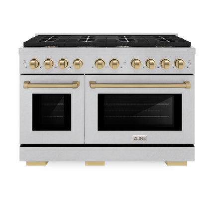ZLINE Autograph Edition 48 in. 6.7 cu. ft. Paramount Double Oven Dual Fuel Range with 8 Burner Gas Cooktop in Satin Stainless Steel and Champagne Bronze Accents (SDRSZ-48-CB)
