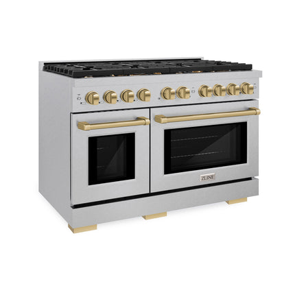 ZLINE Autograph Edition 48 in. 6.7 cu. ft. Paramount Double Oven Dual Fuel Range with 8 Burner Gas Cooktop in Satin Stainless Steel and Champagne Bronze Accents (SDRSZ-48-CB)