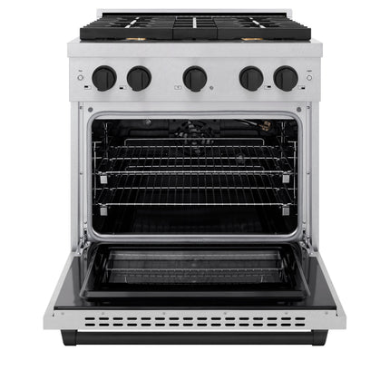ZLINE Autograph Edition 30 in. 4.2 cu. ft. Paramount Gas Range with 4 Burner Cooktop and Convection Gas Oven in Satin Stainless Steel and Matte Black Accents (SGRSZ-30-MB)