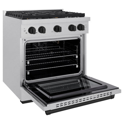 ZLINE Autograph Edition 30 in. 4.2 cu. ft. Paramount Gas Range with 4 Burner Cooktop and Convection Gas Oven in Satin Stainless Steel and Matte Black Accents (SGRSZ-30-MB)