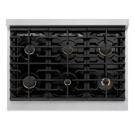 ZLINE Autograph Edition 36 in. 5.2 cu. ft. Paramount Gas Range with 6 Burner Cooktop and Convection Gas Oven in Satin Stainless Steel and Champagne Bronze Accents (SGRSZ-36-CB)