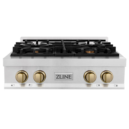 ZLINE Autograph Edition 30 in. Legacy Gas Rangetop with 4 Burners and Porcelain Cooktop in Satin Stainless Steel with Polished Gold Accents (RTSZ-30-G)