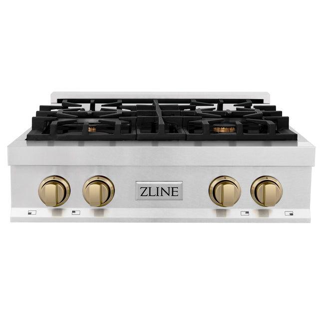 ZLINE Autograph Edition 30 in. Legacy Gas Rangetop with 4 Burners and Porcelain Cooktop in Satin Stainless Steel with Polished Gold Accents (RTSZ-30-G)