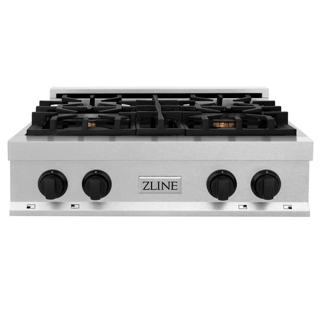 ZLINE Autograph Edition 30 in. Legacy Gas Rangetop with 4 Burners and Porcelain Cooktop in Satin Stainless Steel with Matte Black Accents (RTSZ-30-MB)