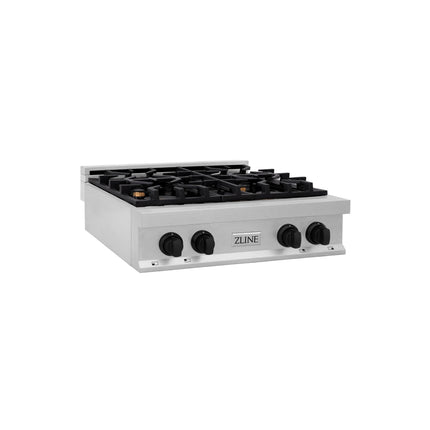 ZLINE Autograph Edition 30 in. Legacy Gas Rangetop with 4 Burners and Porcelain Cooktop in Satin Stainless Steel with Matte Black Accents (RTSZ-30-MB)