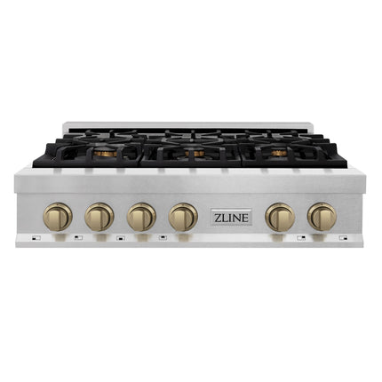 ZLINE Autograph Edition 36 in. Legacy Gas Rangetop with 6 Burners and Porcelain Cooktop in Satin Stainless Steel with Champagne Bronze Accents (RTSZ-36-CB)