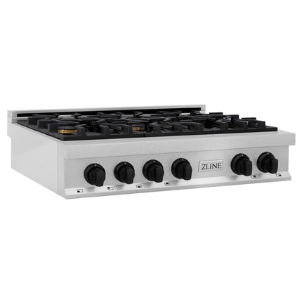 ZLINE Autograph Edition 36 in. Legacy Gas Rangetop with 6 Burners and Porcelain Cooktop in Satin Stainless Steel with Matte Black Accents (RTSZ-36-MB)