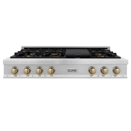 ZLINE Autograph Edition 48 in. Legacy Gas Rangetop with 7 Burners and Porcelain Cooktop in Satin Stainless Steel with Champagne Bronze Accents (RTSZ-48-CB)
