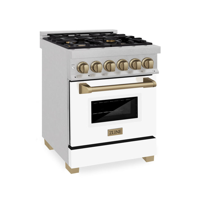 ZLINE Autograph Edition 24 in. 2.8 cu. ft. Legacy Dual Fuel Range with 4 Burner Gas Cooktop and Electric Convection Oven in Satin Stainless Steel with White Matte Door and Champagne Bronze Accents (RASZ-WM-24-CB)