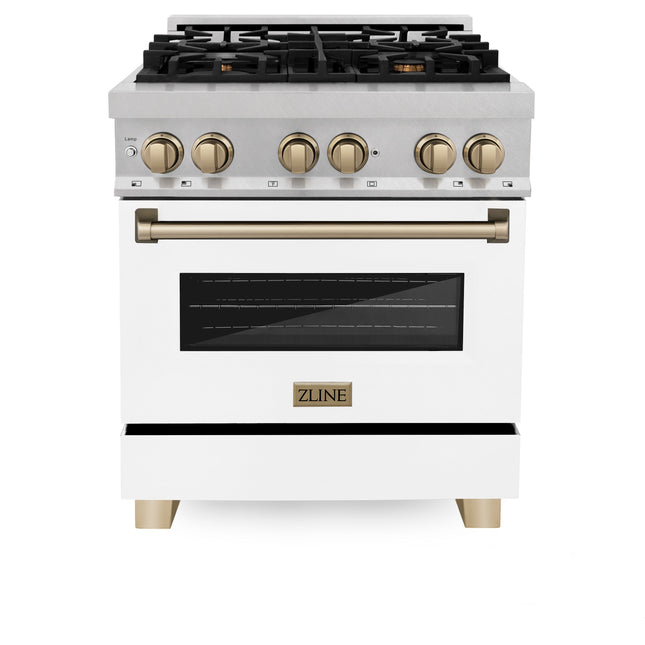 ZLINE Autograph Edition 30 in. 4.0 cu. ft. Legacy Dual Fuel Range with 4 Burner Gas Cooktop and Electric Convection Oven in Satin Stainless Steel with White Matte Door and Champagne Bronze Accents (RASZ-WM-30-CB)
