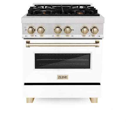 ZLINE Autograph Edition 30 in. 4.0 cu. ft. Legacy Dual Fuel Range with 4 Burner Gas Cooktop and Electric Convection Oven in Satin Stainless Steel with White Matte Door and Polished Gold Accents (RASZ-WM-30-G)