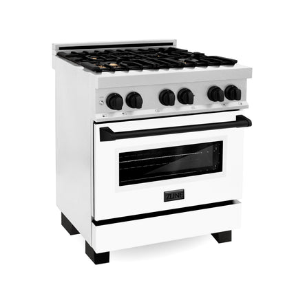 ZLINE Autograph Edition 30 in. 4.0 cu. ft. Legacy Dual Fuel Range with 4 Burner Gas Cooktop and Electric Convection Oven in Satin Stainless Steel with White Matte Door and Matte Black Accents (RASZ-WM-30-MB)