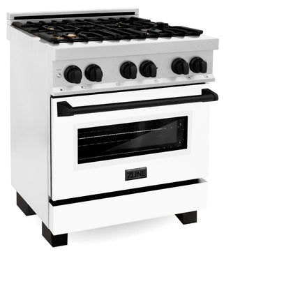 ZLINE Autograph Edition 30 in. 4.0 cu. ft. Legacy Dual Fuel Range with 4 Burner Gas Cooktop and Electric Convection Oven in Satin Stainless Steel with White Matte Door and Matte Black Accents (RASZ-WM-30-MB)