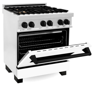 ZLINE Autograph Edition 30 in. 4.0 cu. ft. Legacy Dual Fuel Range with 4 Burner Gas Cooktop and Electric Convection Oven in Satin Stainless Steel with White Matte Door and Matte Black Accents (RASZ-WM-30-MB)