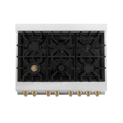 ZLINE Autograph Edition 36 in. 4.6 cu. ft. Legacy Dual Fuel Range with 6 Burner Gas Cooktop and Electric Convection Oven in Satin Stainless Steel with White Matte Door and Champagne Bronze Accents (RASZ-WM-36-CB)
