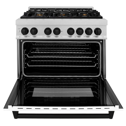 ZLINE Autograph Edition 36 in. 4.6 cu. ft. Legacy Dual Fuel Range with 6 Burner Gas Cooktop and Electric Convection Oven in Satin Stainless Steel with White Matte Door and Matte Black Accents (RASZ-WM-36-MB)