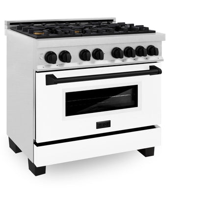 ZLINE Autograph Edition 36 in. 4.6 cu. ft. Legacy Dual Fuel Range with 6 Burner Gas Cooktop and Electric Convection Oven in Satin Stainless Steel with White Matte Door and Matte Black Accents (RASZ-WM-36-MB)