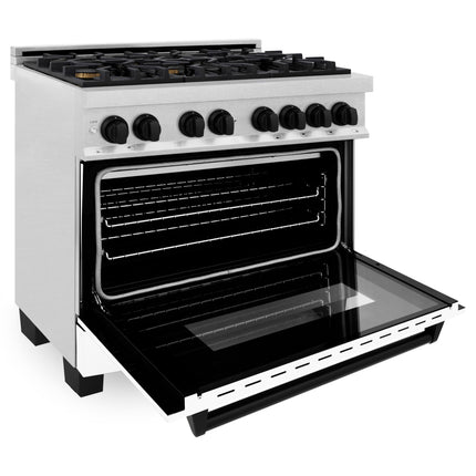 ZLINE Autograph Edition 36 in. 4.6 cu. ft. Legacy Dual Fuel Range with 6 Burner Gas Cooktop and Electric Convection Oven in Satin Stainless Steel with White Matte Door and Matte Black Accents (RASZ-WM-36-MB)