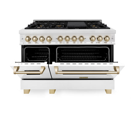 ZLINE Autograph Edition 48 in. 6.0 cu. ft. Legacy Dual Fuel Range with 7 Burner Gas Cooktop and 2 Electric Ovens in Satin Stainless Steel with White Matte Doors and Polished Gold Accents (RASZ-WM-48-G)