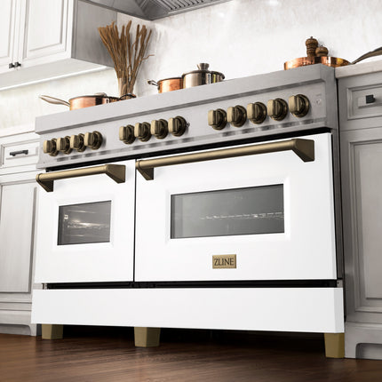 ZLINE Autograph Edition 60 in. 7.4 cu. ft. Legacy Dual Fuel Range with 9 Burner Gas Cooktop and 2 Electric Convection Ovens in Satin Stainless Steel with White Matte Doors and Champagne Bronze Accents (RASZ-WM-60-CB)