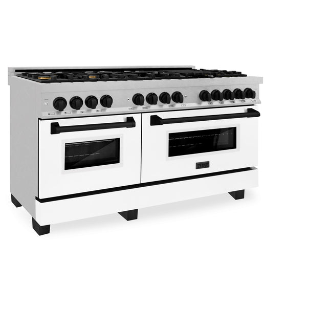 ZLINE Autograph Edition 60 in. 7.4 cu. ft. Legacy Dual Fuel Range with 9 Burner Gas Cooktop and 2 Electric Convection Ovens in Satin Stainless Steel with White Matte Doors and Matte Black Accents (RASZ-WM-60-MB)
