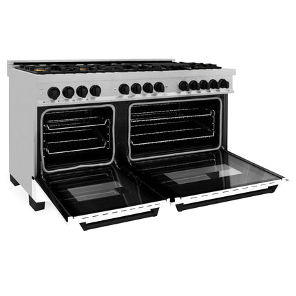 ZLINE Autograph Edition 60 in. 7.4 cu. ft. Legacy Dual Fuel Range with 9 Burner Gas Cooktop and 2 Electric Convection Ovens in Satin Stainless Steel with White Matte Doors and Matte Black Accents (RASZ-WM-60-MB)
