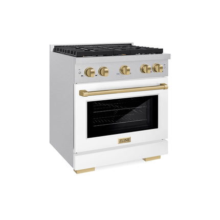 ZLINE Autograph Edition 30 in. 4.2 cu. ft. Paramount Dual Fuel Range with 4 Burner Gas Cooktop and Electric Convection Oven in Satin Stainless Steel with White Matte Door and Champagne Bronze Accents (SDRSZ-WM-30-CB)