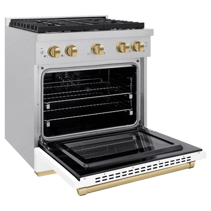 ZLINE Autograph Edition 30 in. 4.2 cu. ft. Paramount Dual Fuel Range with 4 Burner Gas Cooktop and Electric Convection Oven in Satin Stainless Steel with White Matte Door and Champagne Bronze Accents (SDRSZ-WM-30-CB)