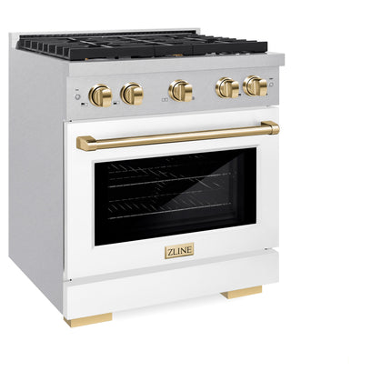 ZLINE Autograph Edition 30 in. 4.2 cu. ft. Paramount Dual Fuel Range with 4 Burner Gas Cooktop and Electric Convection Oven in Satin Stainless Steel with White Matte Door and Polished Gold Accents (SDRSZ-WM-30-G)