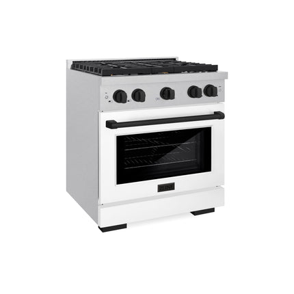 ZLINE Autograph Edition 30 in. 4.2 cu. ft. Paramount Dual Fuel Range with 4 Burner Gas Cooktop and Electric Convection Oven in Satin Stainless Steel with White Matte Door and Matte Black Accents (SDRSZ-WM-30-MB)