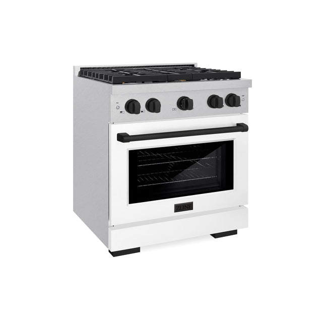 ZLINE Autograph Edition 30 in. 4.2 cu. ft. Paramount Dual Fuel Range with 4 Burner Gas Cooktop and Electric Convection Oven in Satin Stainless Steel with White Matte Door and Matte Black Accents (SDRSZ-WM-30-MB)