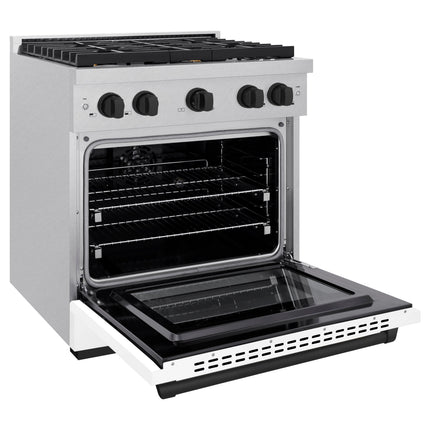 ZLINE Autograph Edition 30 in. 4.2 cu. ft. Paramount Dual Fuel Range with 4 Burner Gas Cooktop and Electric Convection Oven in Satin Stainless Steel with White Matte Door and Matte Black Accents (SDRSZ-WM-30-MB)