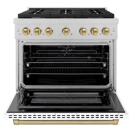 ZLINE Autograph Edition 36 in. 5.2 cu. ft. Paramount Dual Fuel Range with 6 Burner Gas Cooktop and Electric Convection Oven in Satin Stainless Steel with White Matte Door and Champagne Bronze Accents (SDRSZ-WM-36-CB)