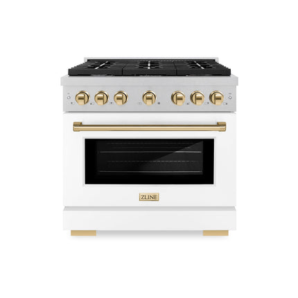 ZLINE Autograph Edition 36 in. 5.2 cu. ft. Paramount Dual Fuel Range with 6 Burner Gas Cooktop and Electric Convection Oven in Satin Stainless Steel with White Matte Door and Polished Gold Accents (SDRSZ-WM-36-G)