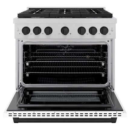 ZLINE Autograph Edition 36 in. 5.2 cu. ft. Paramount Dual Fuel Range with 6 Burner Gas Cooktop and Electric Convection Oven in Satin Stainless Steel with White Matte Door and Matte Black Accents (SDRSZ-WM-36-MB)