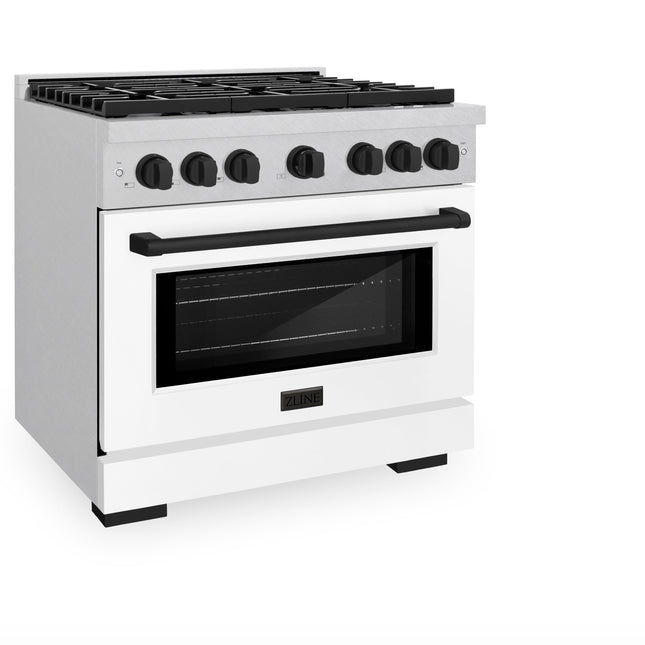 ZLINE Autograph Edition 36 in. 5.2 cu. ft. Paramount Dual Fuel Range with 6 Burner Gas Cooktop and Electric Convection Oven in Satin Stainless Steel with White Matte Door and Matte Black Accents (SDRSZ-WM-36-MB)
