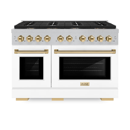 ZLINE Autograph Edition 48 in. 6.7 cu. ft. Paramount Double Oven Dual Fuel Range with 8 Burner Gas Cooktop in Satin Stainless Steel with White Matte Doors and Polished Gold Accents (SDRSZ-WM-48-G)