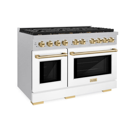 ZLINE Autograph Edition 48 in. 6.7 cu. ft. Paramount Double Oven Dual Fuel Range with 8 Burner Gas Cooktop in Satin Stainless Steel with White Matte Doors and Polished Gold Accents (SDRSZ-WM-48-G)
