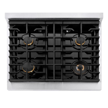 ZLINE Autograph Edition 30 in. 4.2 cu. ft. Paramount Gas Range with 4 Burner Cooktop and Convection Gas Oven in Satin Stainless Steel with White Matte Door and Polished Gold Accents (SGRSZ-WM-30-G)