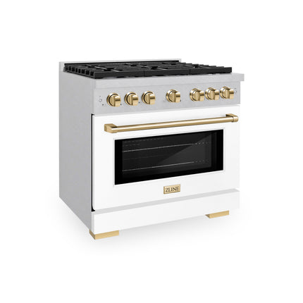 ZLINE Autograph Edition 36 in. 5.2 cu. ft. Paramount Gas Range with 6 Burner Cooktop and Convection Gas Oven in Satin Stainless Steel with White Matte Door and Polished Gold Accents (SGRSZ-WM-36-G)