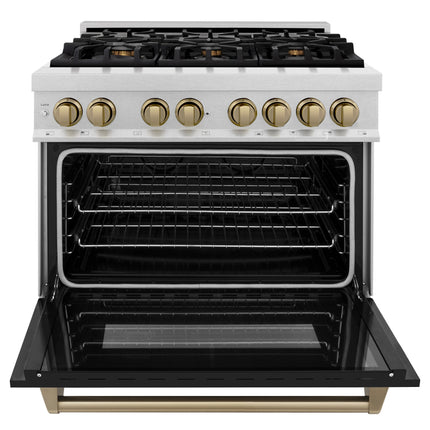 ZLINE Autograph Edition 36 in. 4.6 cu. ft. Legacy Dual Fuel Range with 6 Burner Gas Cooktop and Electric Convection Oven in Satin Stainless Steel with Black Matte Door and Polished Gold Accents (RASZ-BLM-36-G)