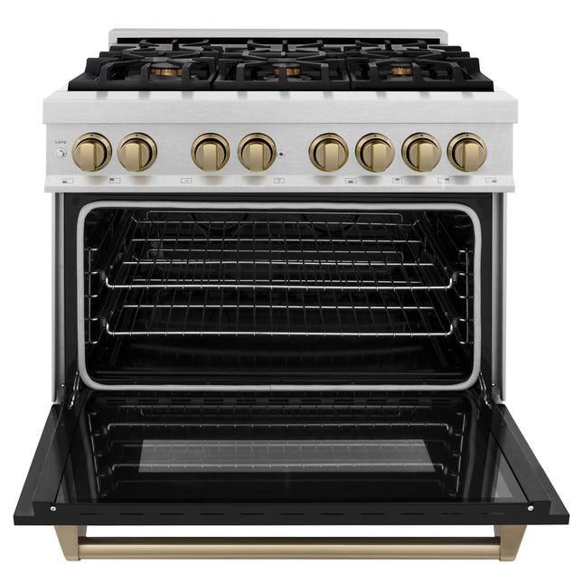ZLINE Autograph Edition 36 in. 4.6 cu. ft. Legacy Dual Fuel Range with 6 Burner Gas Cooktop and Electric Convection Oven in Satin Stainless Steel with Black Matte Door and Polished Gold Accents (RASZ-BLM-36-G)