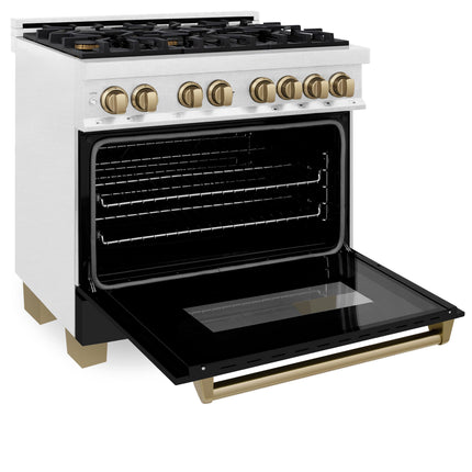 ZLINE Autograph Edition 36 in. 4.6 cu. ft. Legacy Dual Fuel Range with 6 Burner Gas Cooktop and Electric Convection Oven in Satin Stainless Steel with Black Matte Door and Champagne Bronze Accents (RASZ-BLM-36-CB)