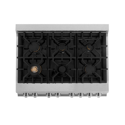 ZLINE Autograph Edition 36 in. 4.6 cu. ft. Legacy Dual Fuel Range with 6 Burner Gas Cooktop and Electric Convection Oven in Satin Stainless Steel with Black Matte Door and Champagne Bronze Accents (RASZ-BLM-36-CB)