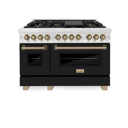 ZLINE Autograph Edition 48 in. 6.0 cu. ft. Legacy Dual Fuel Range with 7 Burner Gas Cooktop and 2 Electric Ovens in Satin Stainless Steel with Black Matte Doors and Champagne Bronze Accents (RASZ-BLM-48-CB)