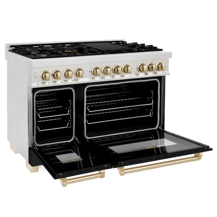 ZLINE Autograph Edition 48 in. 6.0 cu. ft. Legacy Dual Fuel Range with 7 Burner Gas Cooktop and 2 Electric Ovens in Satin Stainless Steel with Black Matte Doors and Polished Gold Accents (RASZ-BLM-48-G)
