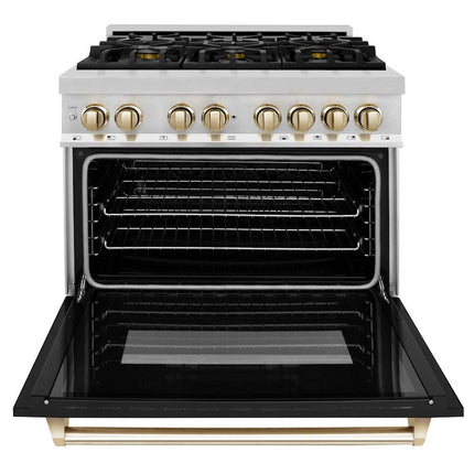 ZLINE Autograph Edition 36 in. 4.6 cu. ft. Legacy Dual Fuel Range with 6 Burner Gas Cooktop and Electric Convection Oven (RAZ-BLM-36-G)