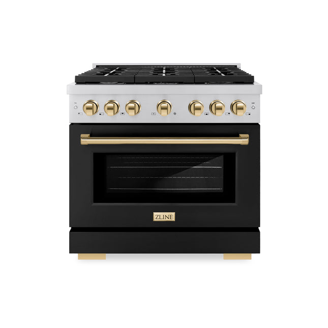 ZLINE Autograph Edition 36 in. 5.2 cu. ft. Paramount Dual Fuel Range with 6 Burner Gas Cooktop and Electric Convection Oven in Stainless Steel with Black Matte Door and Polished Gold Accents (SDRZ-BLM-36-G)